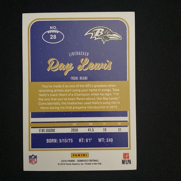 Ray Lewis - 2016 panini Donruss football #28 - Picture 2 of 2